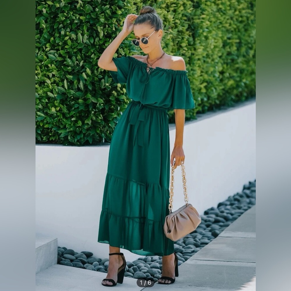 Off Shoulder Ruffle Hem Belted Dress
